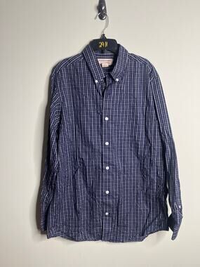 Duluth Trading Co Navy Wrinklefighter Trim Fit Button Up Shirt Large